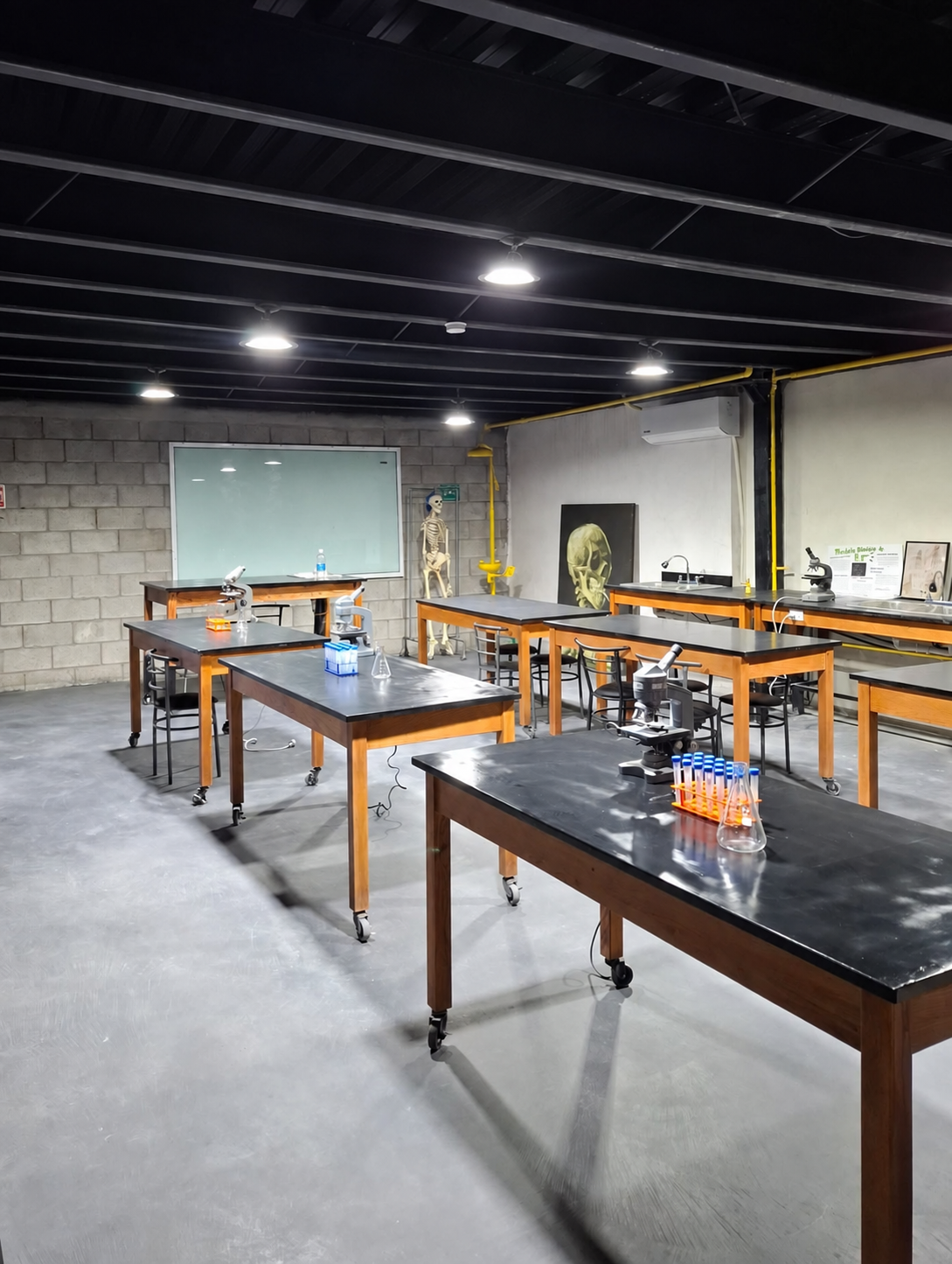 Laboratorio de ciencias del Instituto Cultural ANDAROEN, con microscopios y mesas de trabajo